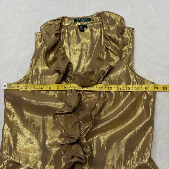 Lauren Ralph Lauren Gold Metallic Ruffle Front Sleeveless Silk Blouse Size 6 - Picture 5 of 8